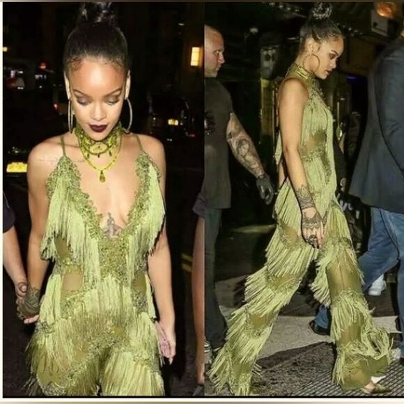 Missord Pants - 🍄MissOrd Olive Green Fringe Tassel Jumpsuit Lace Size L (AA1)